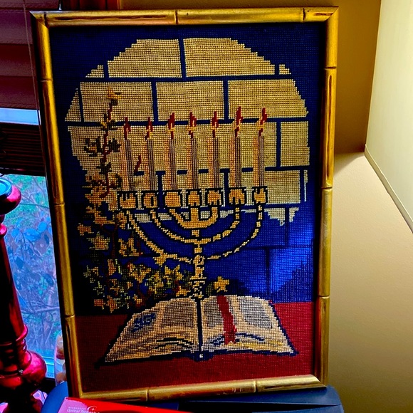 Large Needle Point Approximately19’ by 13’ Vibrant Colors Gold Bamboo Frame - Picture 9 of 12